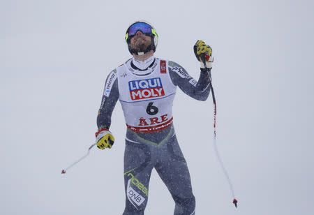 Alpine Skiing - FIS Alpine World Ski Championships - Men's Downhill - Are, Sweden - February 9, 2019 - Norway’s Kjetil Jansrud reacts after finishing the race. REUTERS/Leonhard Foeger