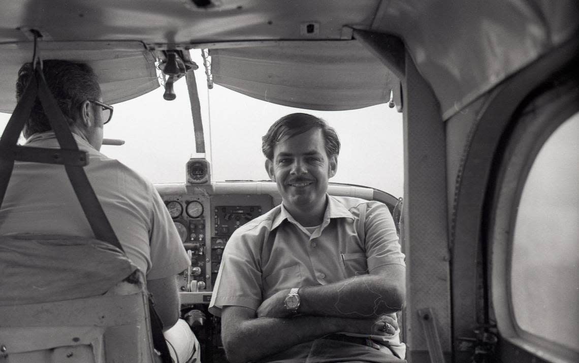 This image is titled, “Riding Shotgun,” where Galen Beery (center) is looking at the camera within an aircraft flying over Laos when he was USAID worker in 1970. https://omeka.library.fresnostate.edu/s/beery-legacy-exhibit/item/7425/Gifted by Galen Beery to Hmongstory Legacy, digital reproduction gifted to Fresno State.