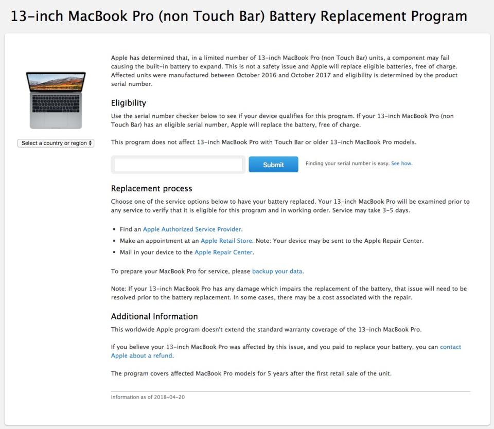 13-inch MacBook Pro (non Touch Bar) Battery Replacement Program