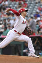 Los Angeles Angels pitcher Shohei Ohtani throws to home plate during the first inning of a baseball game against the Seattle Mariners, Sunday, Sept. 26, 2021, in Anaheim, Calif. (AP Photo/Michael Owen Baker)