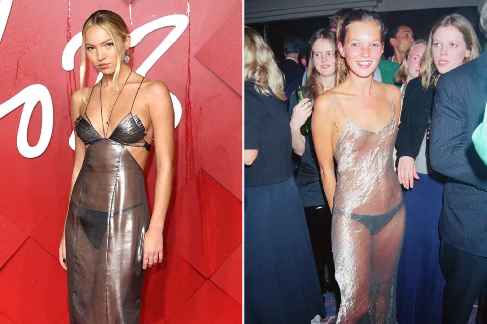 <p>Mike Marsland/WireImage, Dave Benett/Getty</p> Lila Moss channels mom Kate Moss at The Fashion Awards 2023