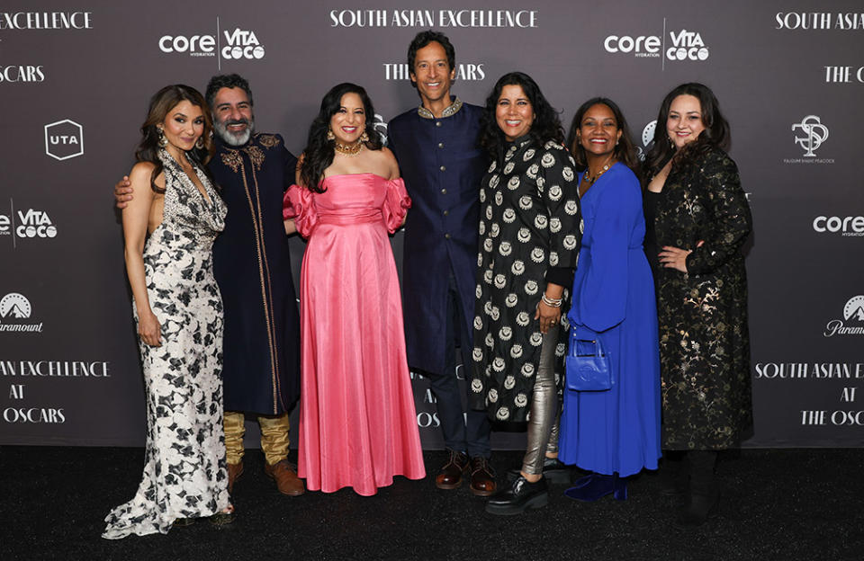 (L-R) Anjali Bhimani, Parvesh Cheena, Sonal Shah, Danny Pudi, Nisha Ganatra, Sarva Das, and Maureen Bharoocha attend the 2nd Annual South Asian Excellence Pre-Oscars Celebration at Paramount Pictures Studios on March 09, 2023 in Los Angeles, California.