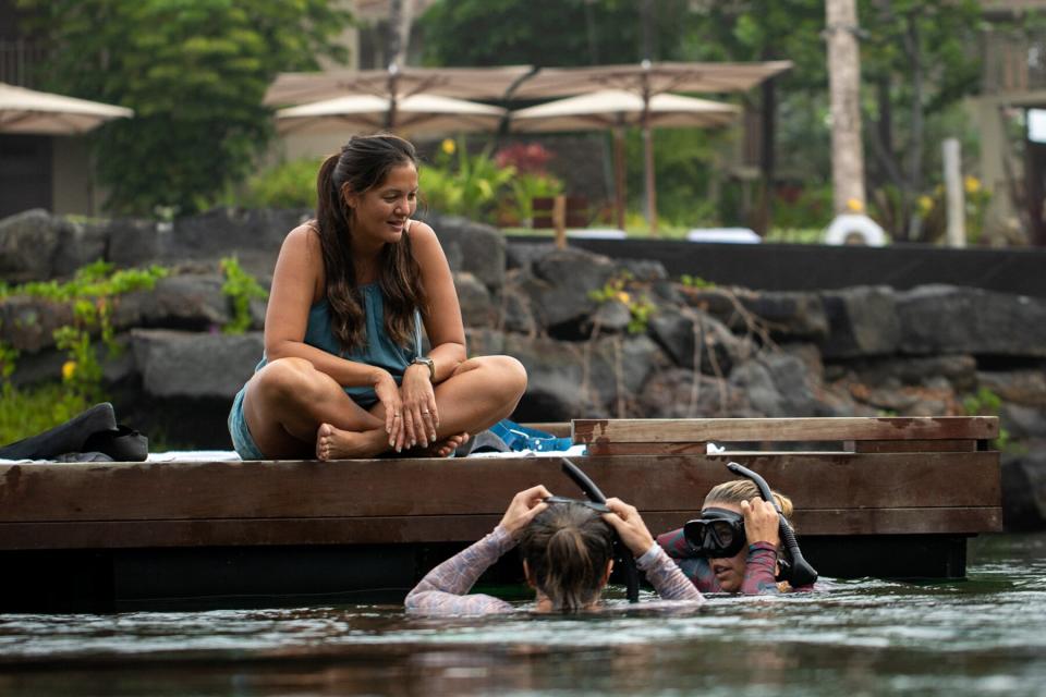 Putting on diving gear with Kimi at Four Seasons Resort Hualalai
