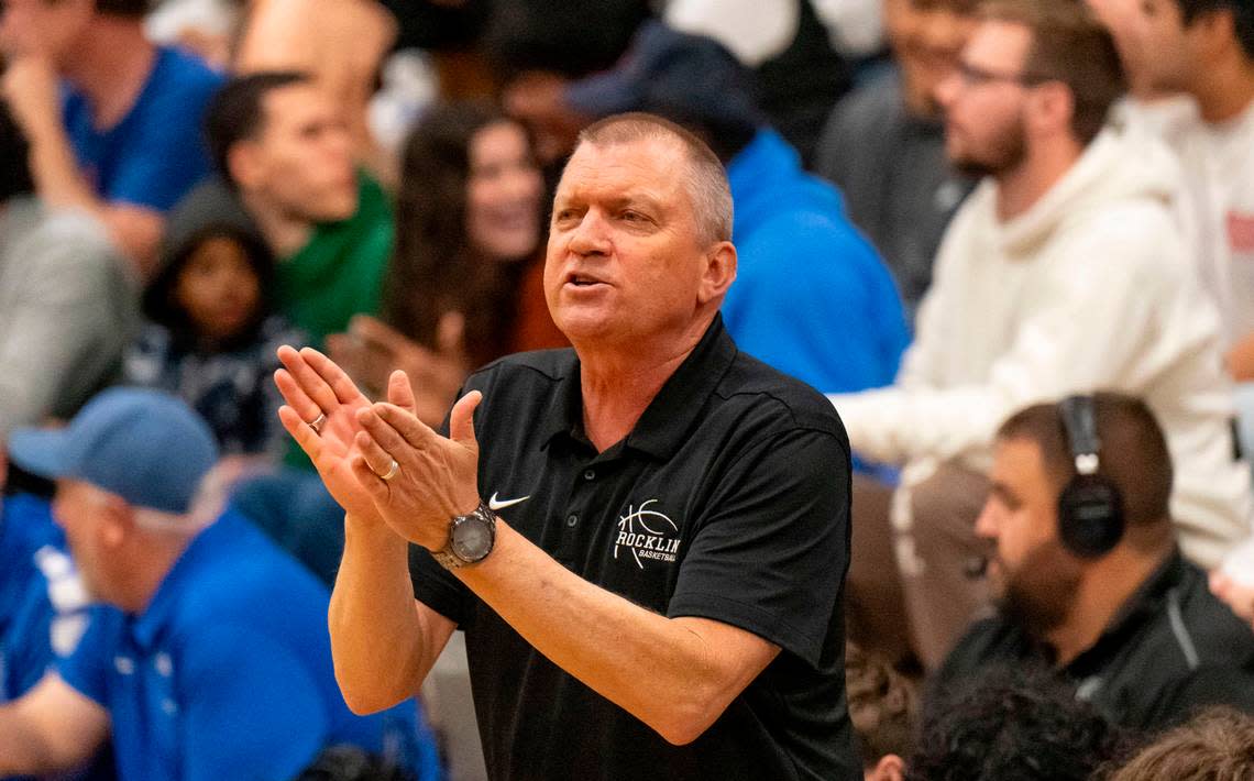 Rocklin Thunder coach Steve Taylor claps for his team as they face the Sheldon Huskies in a CIF Sac-Joaquin Section boys basketball Division I quarterfinal game on Friday, Feb. 16, 2024, in Rocklin.