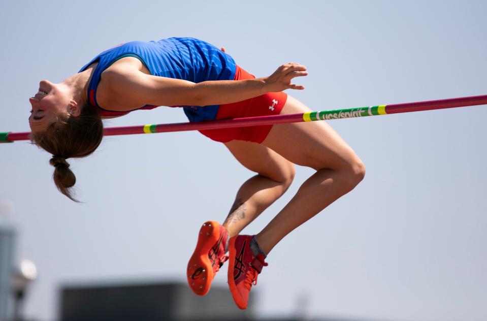 Highland's Juliette Laracuente-Huebner clears the bar en route to a Division II state championship in the girls high jump Friday at Ohio State's Jesse Owens Memorial Stadium. She set the statewide Division II mark and the state meet D-II record with a 5-10.75.