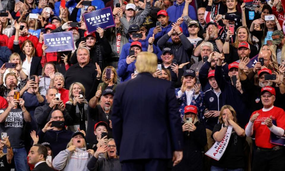 Donald Trump holds a campaign rally in Des Moines, Iowa, on 30 January.