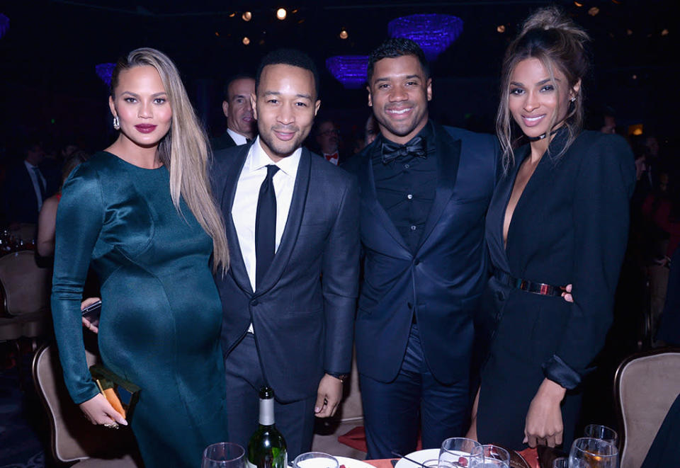 BEVERLY HILLS, CA - FEBRUARY 14:  Chrissy Teigen, John Legend, Russell Wilson and Ciara attend the 2016 Pre-GRAMMY Gala and Salute to Industry Icons honoring Irving Azoff at The Beverly Hilton Hotel on February 14, 2016 in Beverly Hills, California.  (Photo by Kevin Mazur/WireImage)