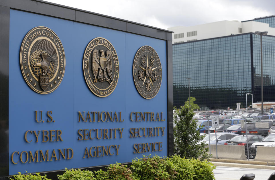 FILE - This June 6, 2013 file photo, shows the sign outside the National Security Agency (NSA) campus in Fort Meade, Md.All fingers are pointing to Russia as author of the worst-ever hack of U.S. government agencies. But President Donald Trump, long wary of blaming Moscow for cyberattacks has so far been silent. (AP Photo/Patrick Semansky, File)