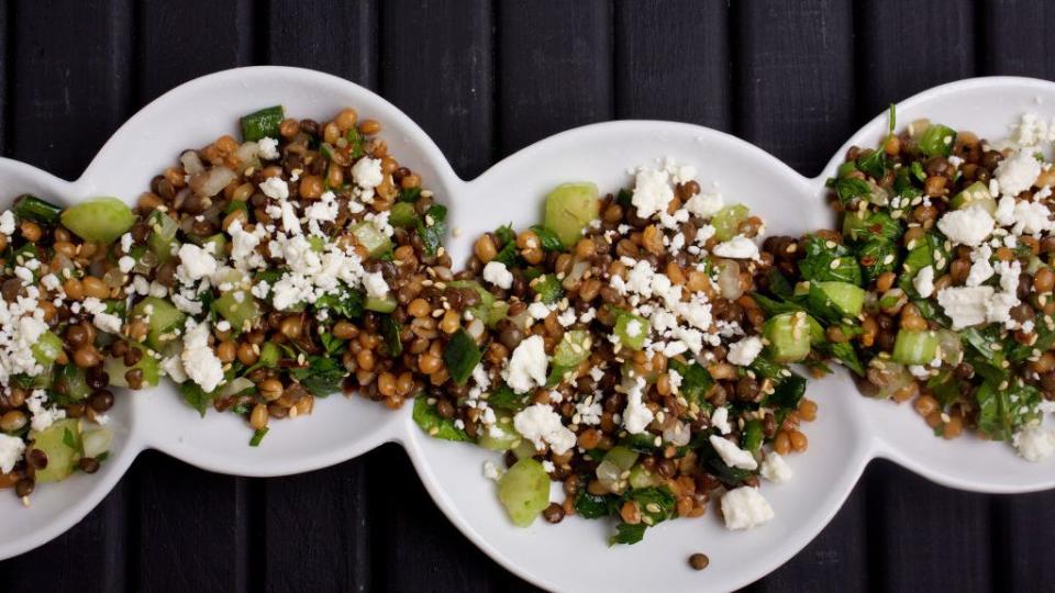 emmer, lentil and celery salad with lemon cumin dressing