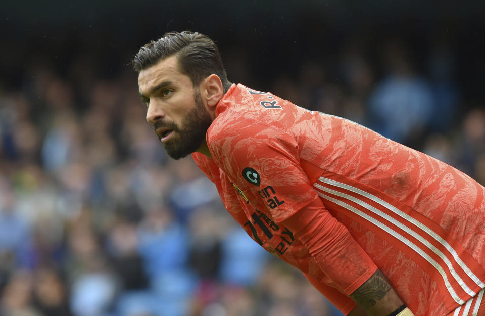 Wolverhampton Wanderers' goalkeeper Rui Patricio looks on during the English Premier League soccer match between Manchester City and Wolverhampton Wanderers at Etihad stadium in Manchester, England, Sunday, Oct. 6, 2019. (AP Photo/Rui Vieira)