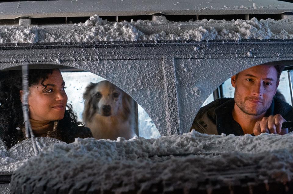 Barrett Doss (from left), a furry friend and Justin Hartley are both looking for answers in "The Noel Diary."