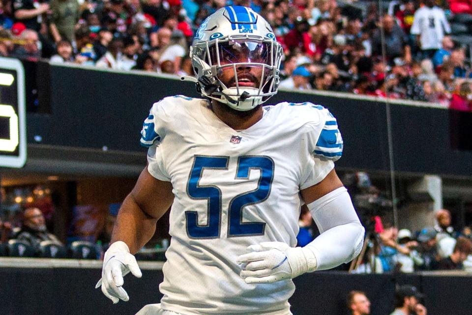 Detroit Lions linebacker Jessie Lemonier (52) returns to the sideline during the second half of an NFL football game against the Atlanta Falcons, in Atlanta. The Atlanta Falcons won 20-16 Lions Falcons Football, Atlanta, United States - 26 Dec 2021