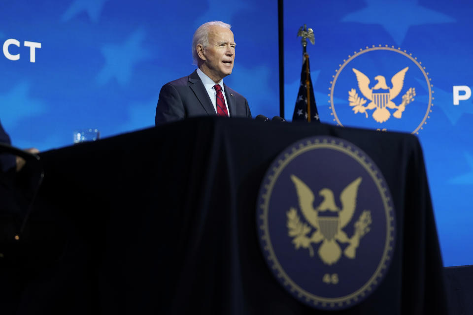 President-elect Joe Biden speaks during an event at The Queen theater in Wilmington, Del., Tuesday, Dec. 8, 2020, to announce his health care team. (AP Photo/Susan Walsh)