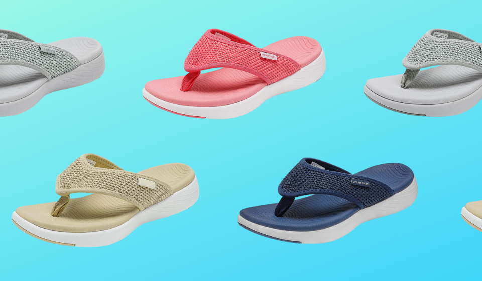 flip flops in different colors including salmon, gray and navy blue