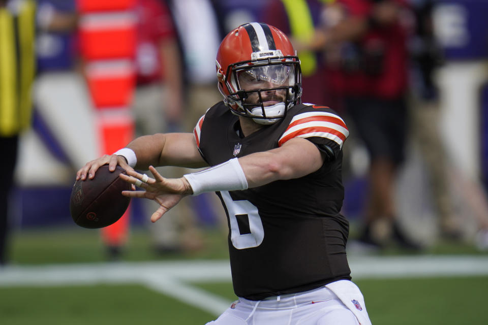 Cleveland Browns quarterback Baker Mayfield (6) looks to pass, during an NFL football game against the Baltimore Ravens, Sunday, Sept. 13, 2020, in Baltimore. (AP Photo/Julio Cortez)