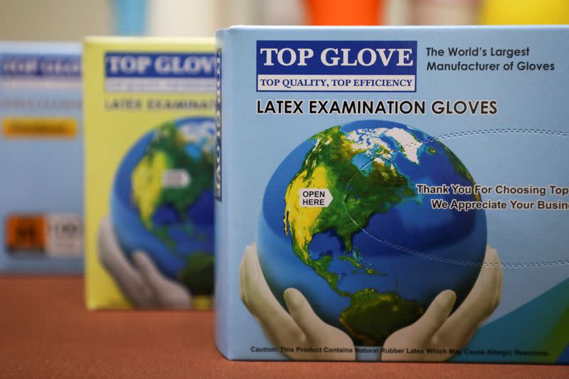 Top Glove products are pictured on display at its headquarters in Shah Alam