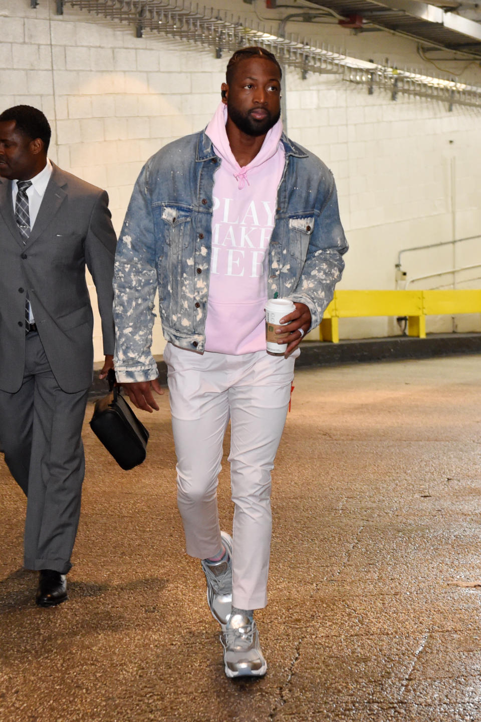 <p>Dwyane Wade wears a pink Play Make Her Foundation hoodie into the Madison Square Garden prior to the Heat, Knicks game on March 30. </p>