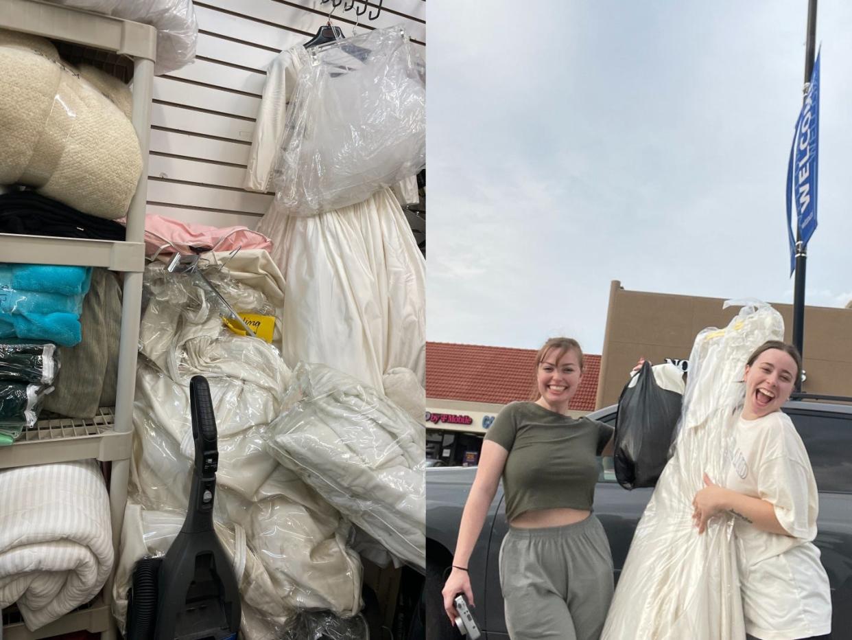 A composite image of a pile of dresses in a store and two women holding a dress in a cellophane bag outside of a thrift store.