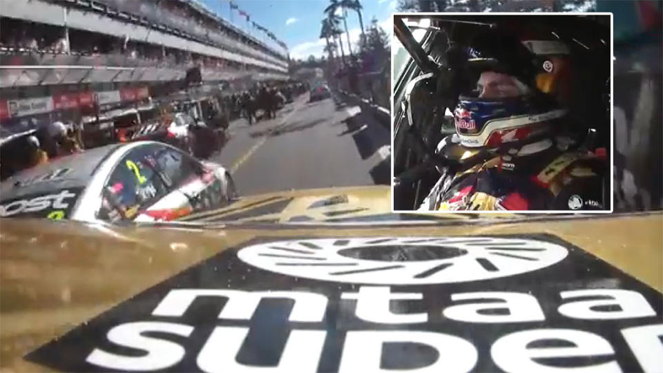 Craig Lowndes was fuming after climbing Scott Pye’s car in pit lane. Pic: Fox Sports