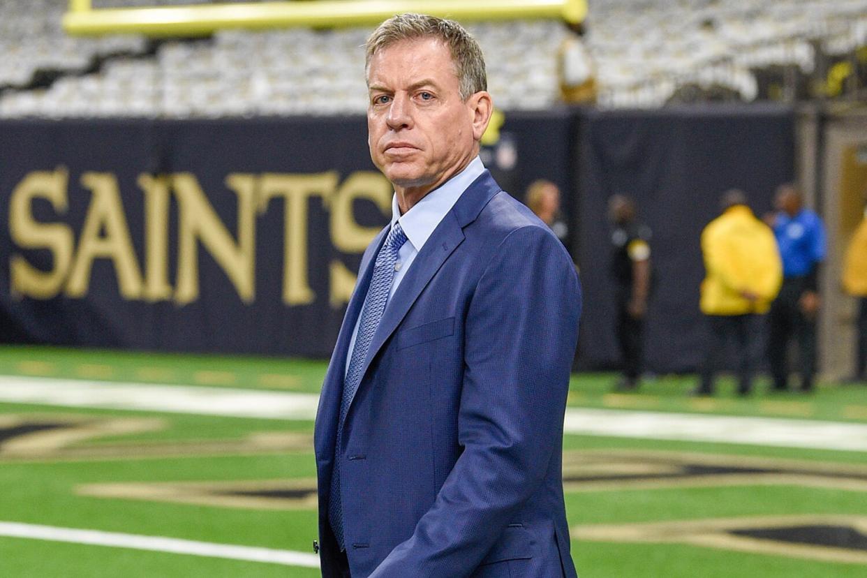 roy Aikman walks the field before the football game between the Tampa Bay Buccaneers and New Orleans Saints at Caesar's Superdome on October 31, 2021 in New Orleans, LA.