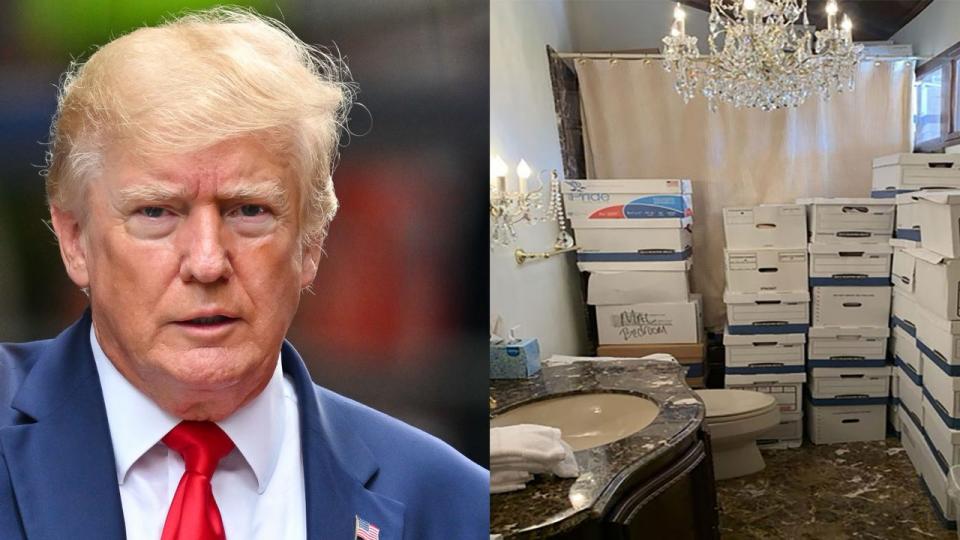 <div>Side-by-side image of Donald Trump and stacks of boxes seen in a bathroom and shower in The Mar-a-Lago Club’s Lake Room at former U.S. President Donald Trump's Mar-a-Lago estate in Palm Beach, Florida. (Trump photo by James Devaney/GC Images) (Stack of boxes photo by U.S. Department of Justice via Getty Images)</div>
