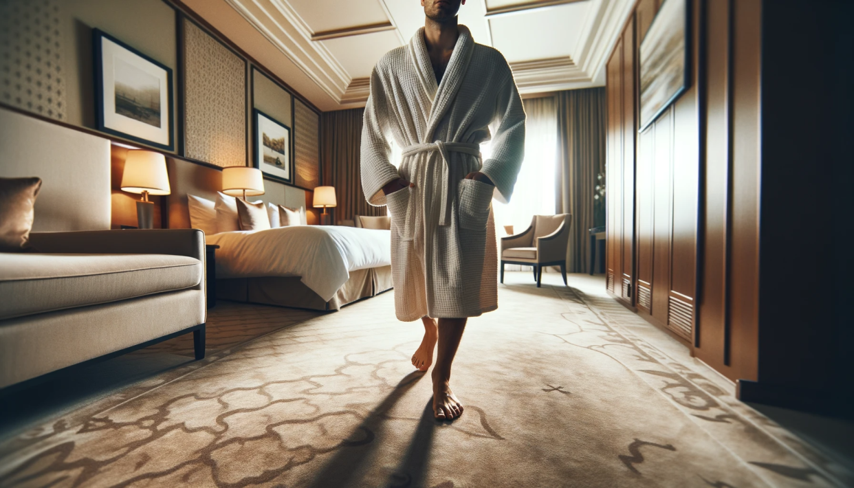 AI-generated image of a person wearing a bathrobe and walking barefoot on a hotel room's carpet