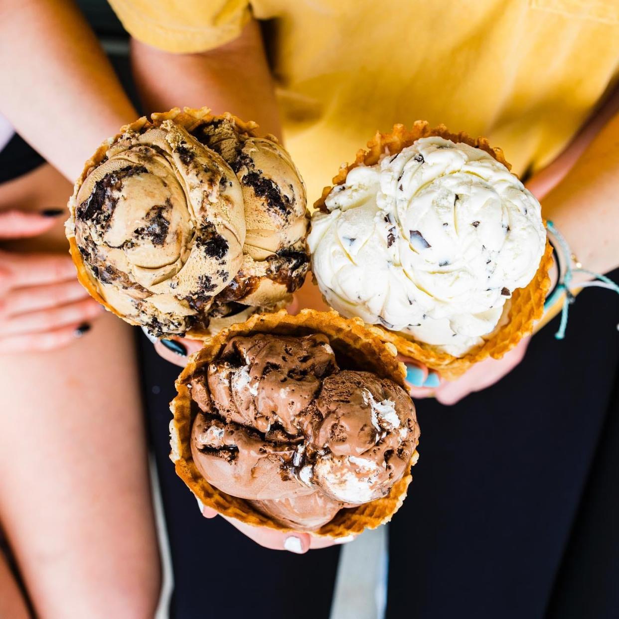 Coffee Cookies & Cream, Chocolate Cream Pie and Mint Chip ice creams at Boombalatti’s Homemade Ice Cream in Wilmington and Hampstead.