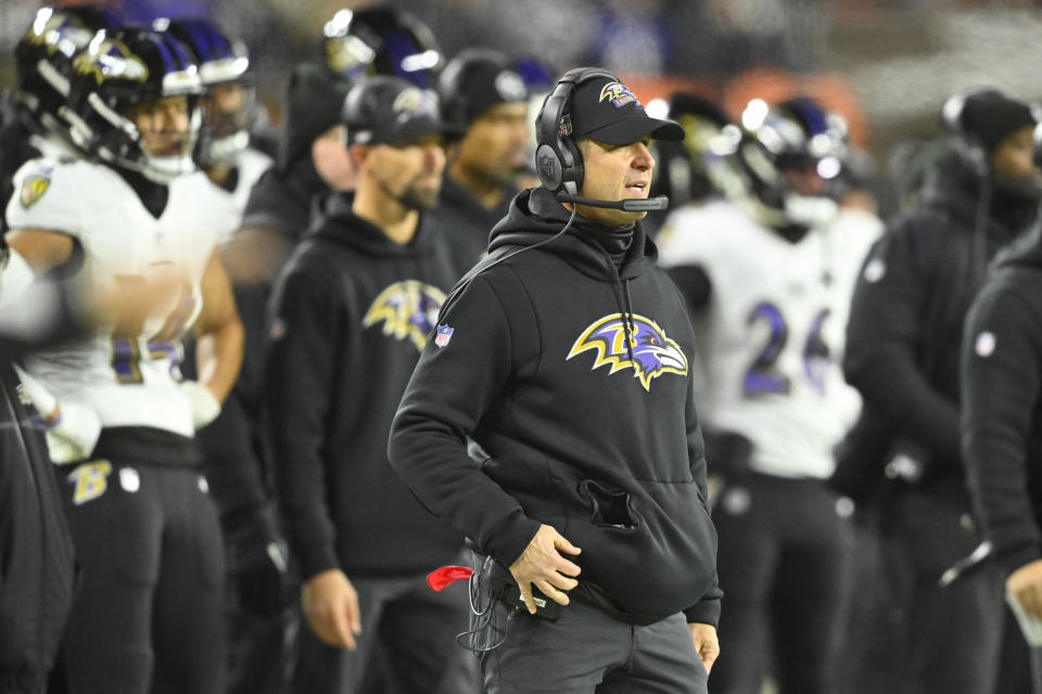 Baltimore Ravens head coach John Harbaugh looks on from the sideline during the first half of an NFL football game against the Cleveland Browns, Saturday, Dec. 17, 2022, in Cleveland. (AP Photo/David Richard)