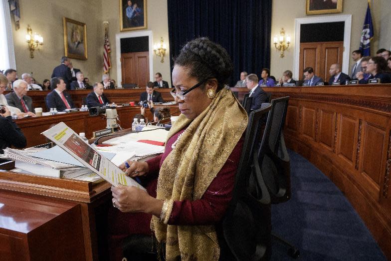 Rep. Sheila Jackson Lee, D-Texas, and the House Budget Committee works on the Republican health care bill, on Capitol Hill in Washington, Thursday, March, 16, 2017. (AP Photo/J. Scott Applewhite)