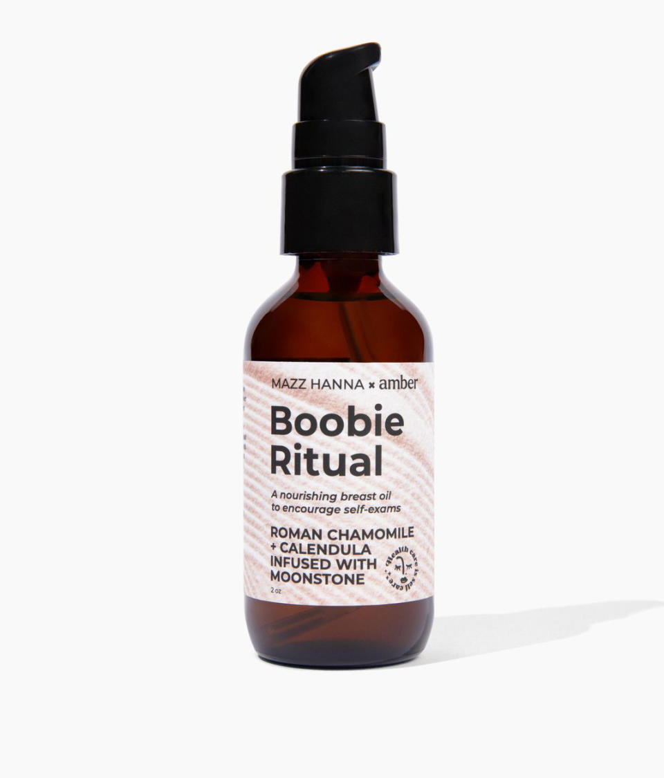 <p>100% of the proceeds from this breast oil – which encourages self at-home breast examinations with its hydrating, calming and stress-reducing ingredients and labeled guide – will be donated to <a href="https://www.barbellsforboobs.org/" rel="nofollow noopener" target="_blank" data-ylk="slk:Barbells for Boobs;elm:context_link;itc:0;sec:content-canvas" class="link ">Barbells for Boobs</a>, an organization that emphasizes physical activity as the foundation of breast cancer risk reduction, treatment and survivorship.</p> <p><b>Buy It!</b> Mazz Hanna Boobie Ritual oil, $40; <a href="https://mazzhanna.com/collections/skincare/products/boobie-ritual" rel="nofollow noopener" target="_blank" data-ylk="slk:mazzhanna.com;elm:context_link;itc:0;sec:content-canvas" class="link ">mazzhanna.com</a></p>