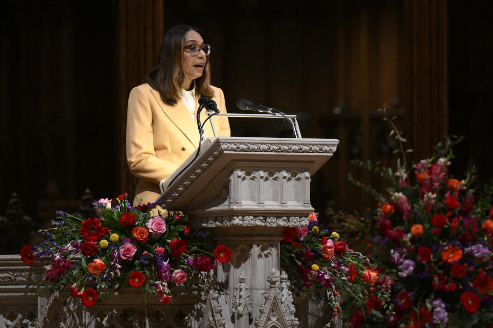 Rep. Sydney Kamlager-Dove, D-Calif., speaks at an unveiling and dedication ceremony of new stained-glass windows with a theme of racial justice at the Washington National Cathedral, Saturday, Sept. 23, 2023, in Washington. (AP Photo/Nick Wass)