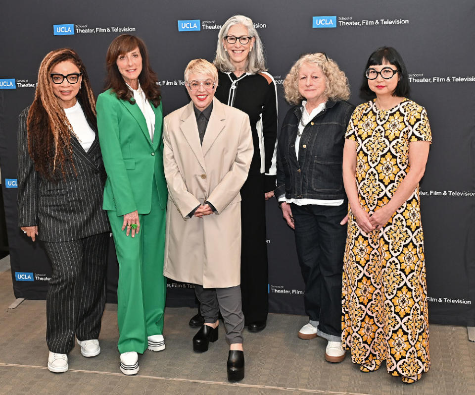 From left Ruth E. Carter Black Panther: Wakanda Forever, Mary Zophres Babylon, Catherine Martin Elvis, UCLA TFT Professor and costume designer Deborah Nadoolman Landis, Jenny Beaven Mrs. Harris Goes to Paris and Shirley Kurata Everything Everywhere All At Once.