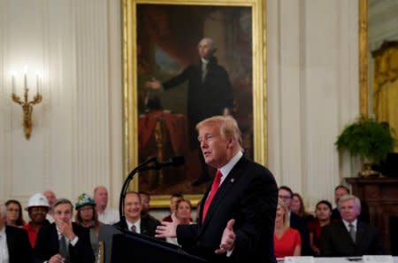 FILE PHOTO - U.S. President Donald Trump speaks during a signing event for an Executive Order that establishes a National Council for the American Worker at the White House in Washington, U.S., July 19, 2018.  REUTERS/Kevin Lamarque