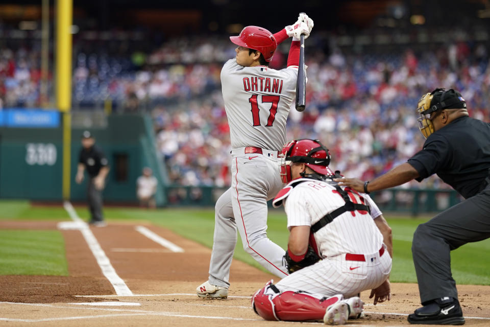 Los Angeles Angels' Shohei Ohtani fouls a pitch against Philadelphia Phillies pitcher Michael Lorenzen during the first inning of a baseball game, Tuesday, Aug. 29, 2023, in Philadelphia. (AP Photo/Matt Slocum)
