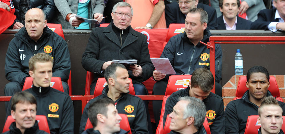 Manchester United manager Sir Alex ferguson takes his seat for his last Barclays Premier League match at Old Trafford, Manchester.