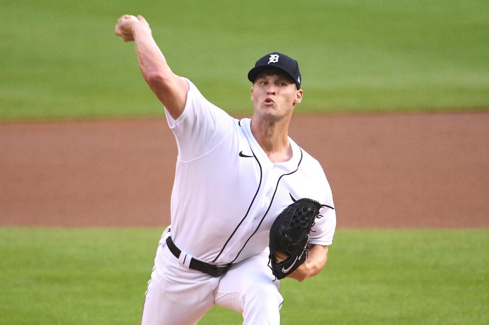 Detroit Tigers starting pitcher Matt Manning (25) pitches the ball during the first inning against the Toronto Blue Jays at Comerica Park on August 27, 2021.