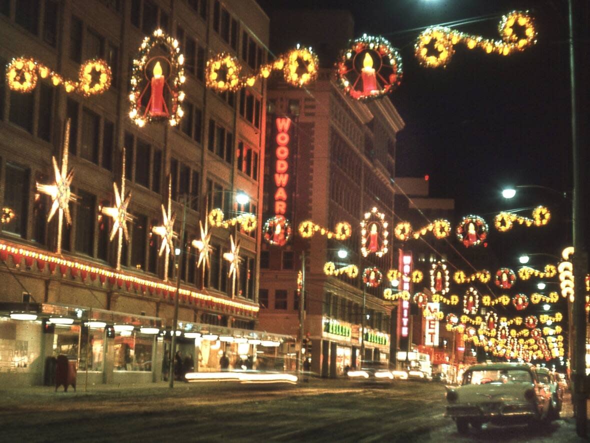 A 1964 view of Christmas lights along 101st Street, by photographer Doug Cowan. (Submitted by Doug Cowan - image credit)