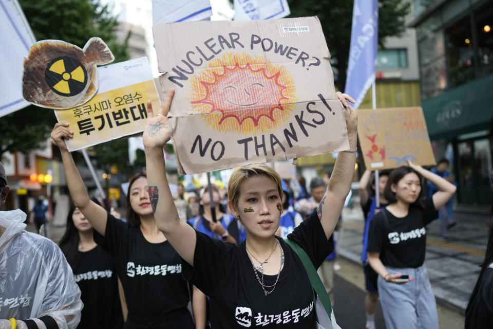 South Koreans shout slogans during a rally to oppose the Japanese government's plan to release treated radioactive water into the sea