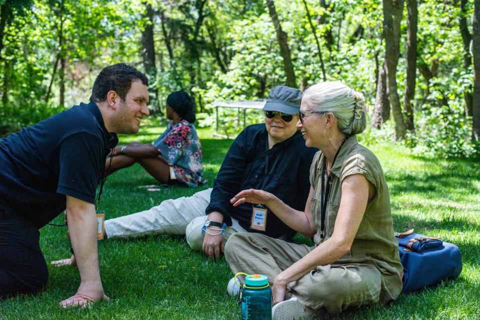 Fellow Hasan Hadi with Hilary Brougher and Pamela Martin on the set of “The President’s Cake” - Credit: Jonathan Hickerson