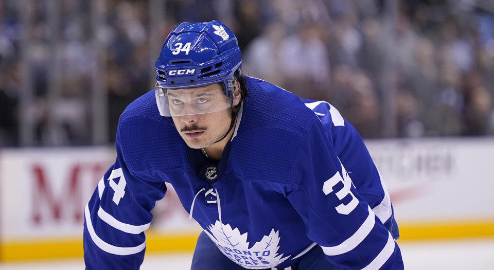 TORONTO, ON - NOVEMBER 7: Toronto Maple Leafs center Auston Matthews #34 sets for a face-off against the Vegas Golden Knights during the second period at the Scotiabank Arena on November 7, 2019 in Toronto, Ontario, Canada. (Photo by Kevin Sousa/NHLI via Getty Images)