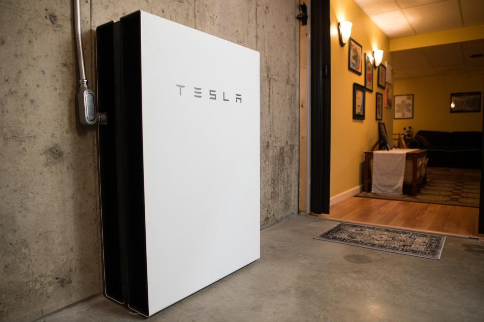 Tesla Powerwall battery backup as seen in a Green Mountain Power customer's home in Colchester.