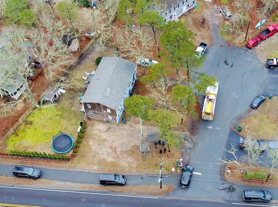 Aerial view of the house at  3 Niblick St. where an early morning fire on Sunday claimed the lives of two people.