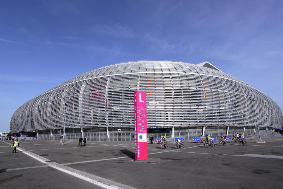 View of the Pierre Mauroy stadium in Villeneuve-d'Ascq, northern France, Sunday Oct.8, 2023. The stadium will host some handball and basketball matches during the Paris 2024 Olympic Games. (AP Photo/Michel Spingler, File)