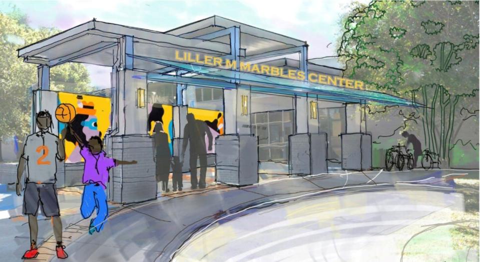 Conceptualized drawing of the entrance to Liller Marbles Recreation Center.