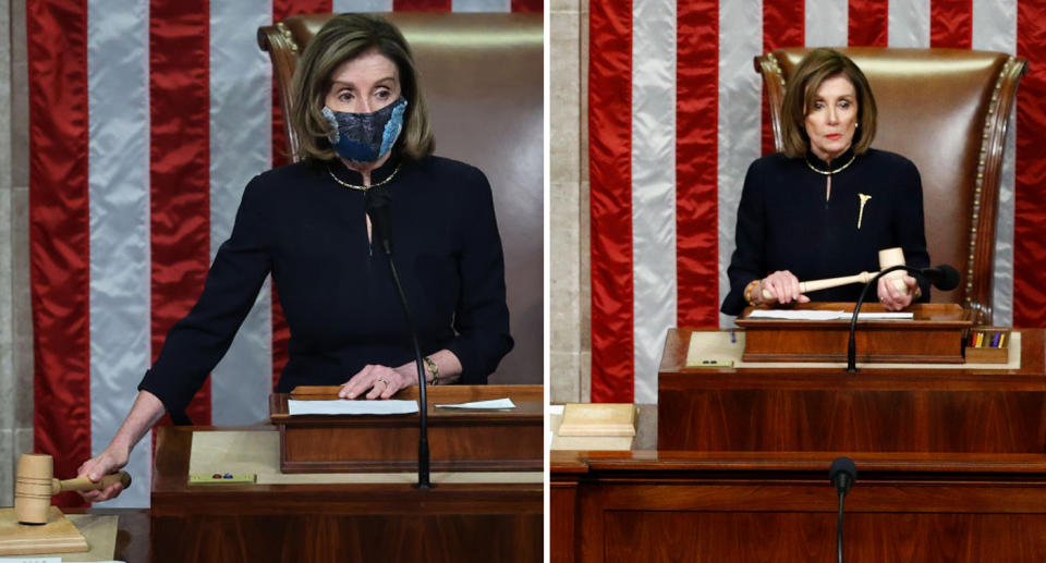 House Speaker Nancy Pelosi seen wearing the same dress at Trump's impeachment votes in 2019 and 2021. 