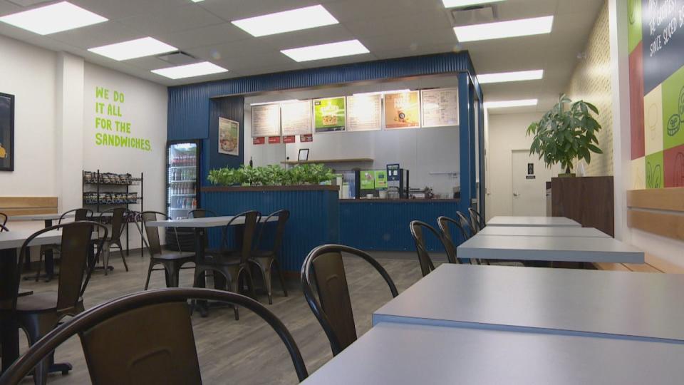 The interior of Miren Elordi's Press'd Sandwich Shop franchise in Regina. (Germain Wilson/CBC - image credit)