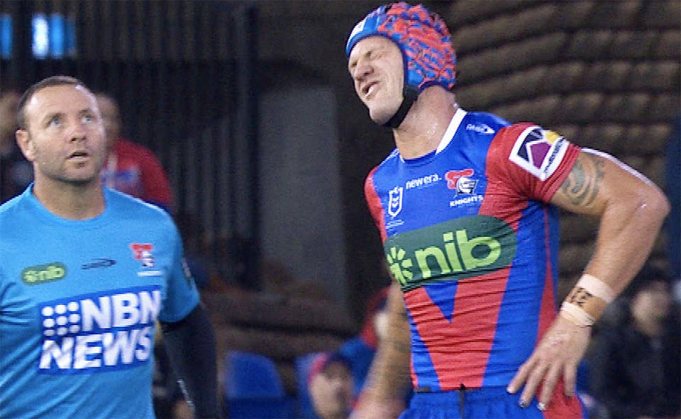 Kalyn Ponga, pictured here after injuring his hip.