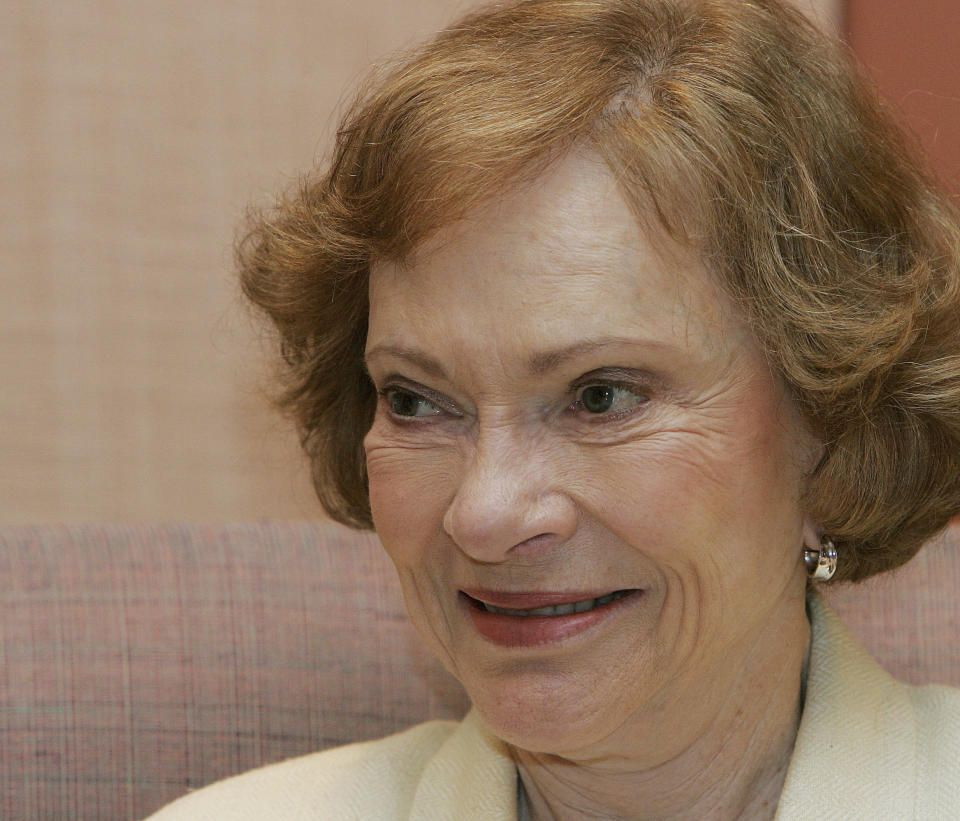 FILE - Former first lady Rosaylnn Carter smiles during an interview at the Carter Center in Atlanta, June 13, 2006. Carter will make her final journey to the Jimmy Carter Presidential Center, Monday, Nov. 27, 2023, as her family begins three days of memorials for the former first lady and global humanitarian who died Nov. 19 at the age of 96. (AP Photo/Ric Feld, File)