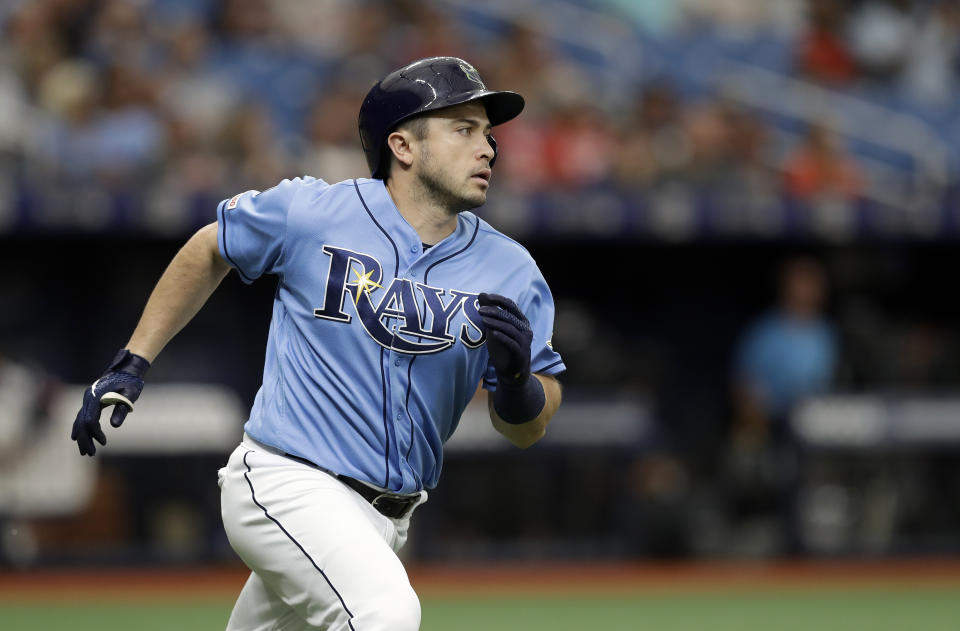 Tampa Bay Rays' Travis d'Arnaud runs to first after his RBI-double off Cleveland Indians relief pitcher Oliver Perez during the fifth inning of a baseball game Sunday, Sept. 1, 2019, in St. Petersburg, Fla. (AP Photo/Chris O'Meara)