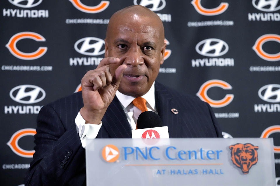 Chicago Bears new President & CEO Kevin Warren speaks during an NFL football news conference at Halas Hall in Lake Forest, Ill., Tuesday, Jan. 17, 2023. (AP Photo/Nam Y. Huh)